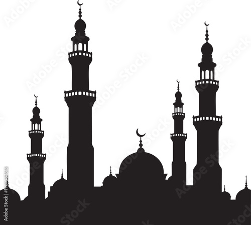Silhouette of a mosque with minarets and domes at sunset