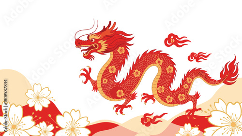 Traditional red and orange Chinese dragon flying among white cherry blossoms and decorative clouds on a light yellow background.