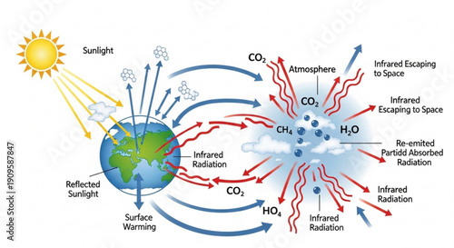 Earth's greenhouse effect diagram sunlight co2 and infrared radiation