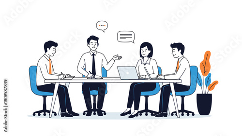 Professional business team meeting with diverse employees discussing projects around a table with laptops and speech bubbles.