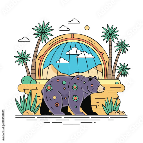 Colorful Bear Illustration with Decorative Patterns.