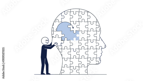 Illustration of a character completing a human head silhouette made of puzzle pieces, symbolizing memory or mental development.