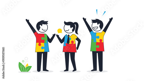 Happy team of professionals in colorful puzzle patterned outfits celebrating successful project completion and effective collaboration.