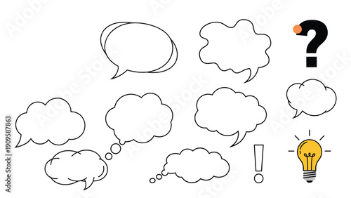 Diverse collection of empty speech bubbles and thought clouds with a question mark, exclamation point, and a glowing light bulb.