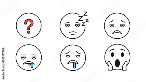 Collection of minimal face icons expressing various emotions like confusion sleepiness sadness surprise and exhaustion with color accents.