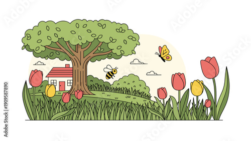 Peaceful nature scene illustration featuring a small house, a large leafy tree, blooming tulips, a bee, and a butterfly in a field.