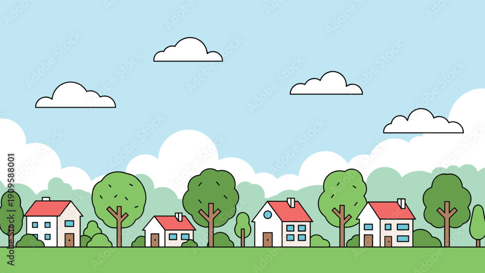 Obraz premium Charming vector landscape of a small village with red roofed houses green trees and white clouds in a bright blue sky for community.