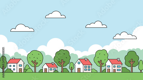 Charming vector landscape of a small village with red roofed houses green trees and white clouds in a bright blue sky for community.