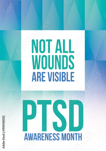 PTSD Awareness Month in June. Post Traumatic Stress Disorder. Celebrated annual in United States. Medical health care and awareness design. Poster, card, banner and background. Vector illustration
