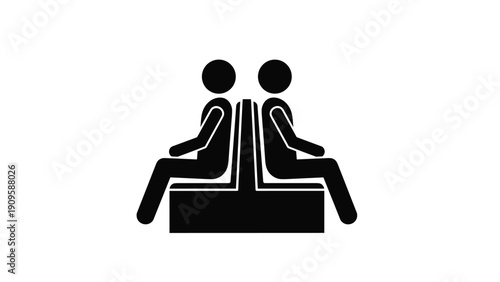Simple black icon of two people sitting back to back on a bench suggesting conflict disagreement or a lack of communication between parties.