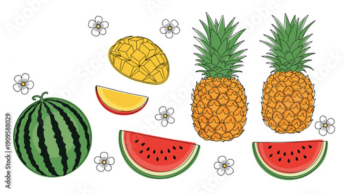 Refreshing collection of tropical fruits including watermelon pineapple and mango with small white flowers for summer food themes.
