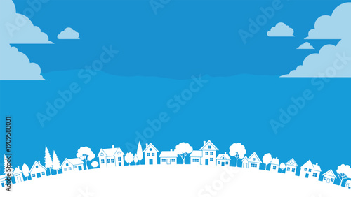 Minimalist white silhouette of a diverse village skyline set against a gradient blue sky with soft white clouds for a peaceful background.