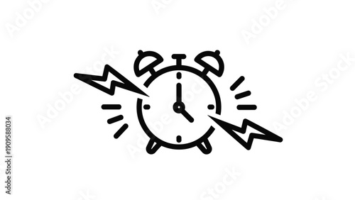 Simple black line drawing of an alarm clock ringing loudly with lightning bolts and action lines for time management and urgency themes.