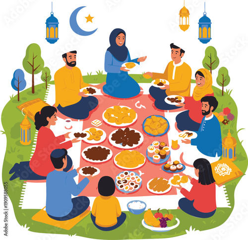 Family gathering for Ramadan iftar celebration in park