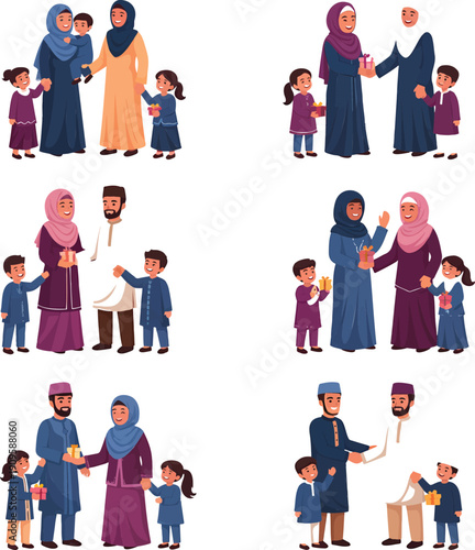 Muslim families celebrating together with gifts and lanterns at night