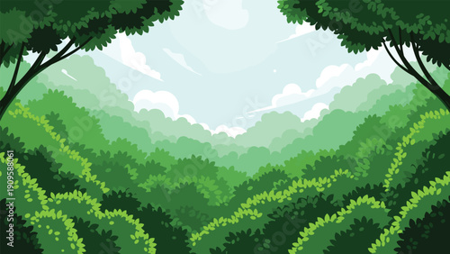 View of a dense green forest with layers of bushes and trees reaching up towards a bright sky creating a feeling of immersion in nature.