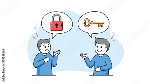 Two characters communicating where one expresses a problem symbolized by a lock and the other offers a solution symbolized by a key.