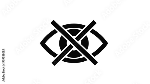 Black and white icon of an eye with a diagonal cross through it representing hidden content privacy settings or a lack of visibility.