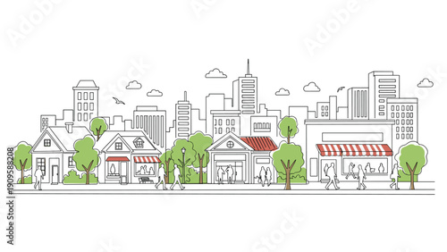 City street line drawing features houses, shops with awnings, office buildings, and people walking along a sidewalk with trees.