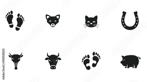 Assorted black animal and farm related icons including footprints, fox and cat faces, a horseshoe, and a pig silhouette.
