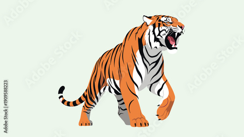 Detailed illustration of a majestic tiger walking and roaring with its mouth open showing stripes and powerful muscles.
