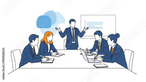 Business meeting scene depicts colleagues in suits sitting around a table while a man presents data on a whiteboard in the background.