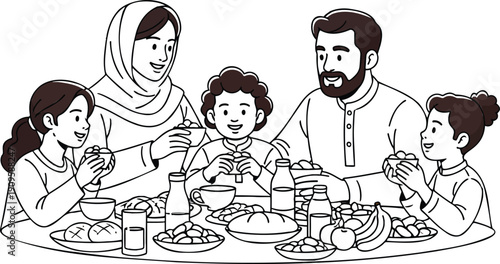 Muslim family sharing iftar meal together at sunset