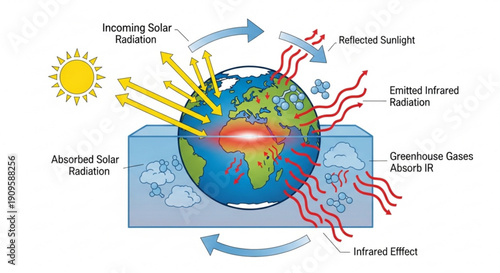 Earth's energy balance diagram solar radiation and greenhouse effect illustration