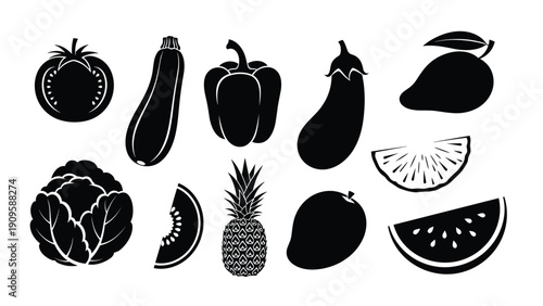Collection of black silhouettes representing various healthy vegetables and fruits for cooking, gardening, and diet related designs.