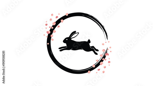 Black silhouette of a leaping rabbit within a circular frame decorated with soft pink cherry blossom petals on a white background.
