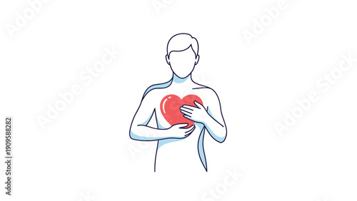Line drawing of a person holding a red heart to their chest representing love, self care, empathy, and emotional health.