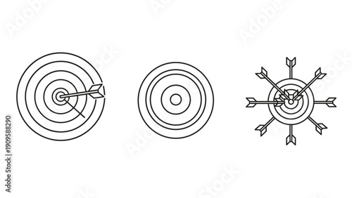 Set of archery targets in black and white with one showing multiple arrows hitting the center representing goal achievement.
