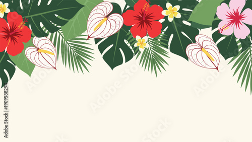 Vibrant border of tropical flowers and exotic leaves including hibiscus and anthurium for summer event invitations or posters.
