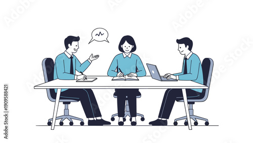 Professional business team of three people collaborating at a conference table with notebooks and a laptop for a productive meeting.