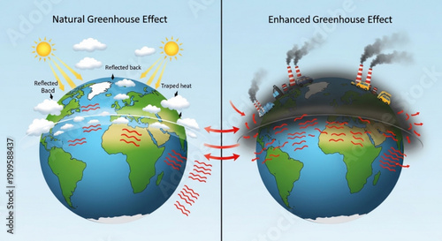 Greenhouse effect comparison natural vs enhanced global warming illustration