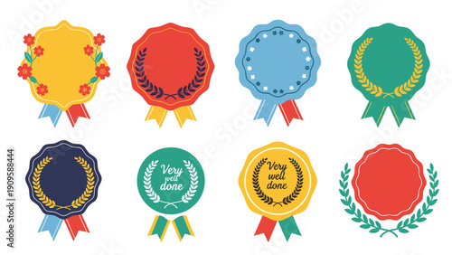 Set of colorful award badges with laurel wreaths, ribbons, and stars for celebrating achievements, success, and high quality.