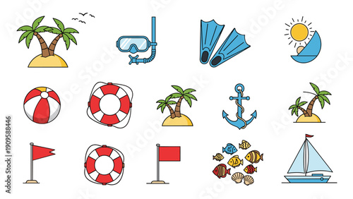 Beach and sea related icons featuring palm trees, snorkeling gear, lifebuoys, fish, and sailboats for summer holiday planning.