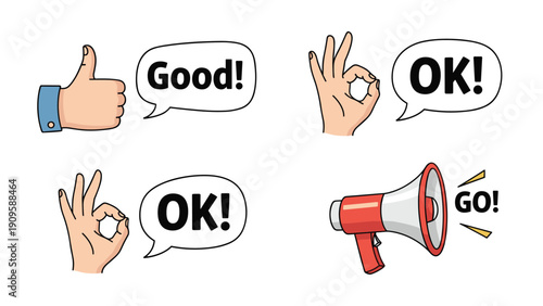 Communication icons set with thumbs up, okay gestures, speech bubbles with Good and OK text, and a loud megaphone for announcements.