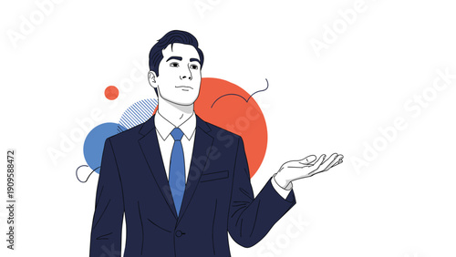 Confident man in a dark blue business suit gestures with an open hand for presentation, speaking, or offering a helpful solution.