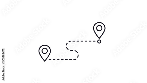 Map path icon with two location pins and a dotted line showing the route between points for travel and navigation applications.