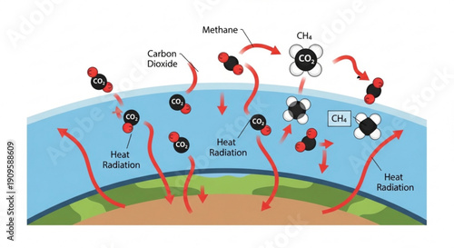 Greenhouse effect diagram showing heat radiation and carbon dioxide molecules