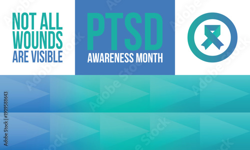 PTSD Awareness Month in June. Post Traumatic Stress Disorder. Celebrated annual in United States. Medical health care and awareness design. Poster, card, banner and background. Vector illustration
