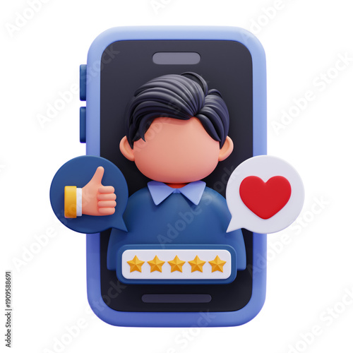 3D illustration of a customer profile on a smartphone screen with positive feedback icons thumbs up, star ratings, and heart symbol