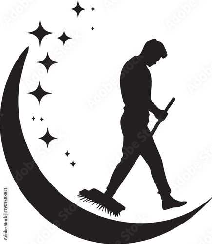 Whimsical Silhouette of Person Sweeping on Crescent Moon with Stars for Dreamy Cleaning Service and Night Theme Design