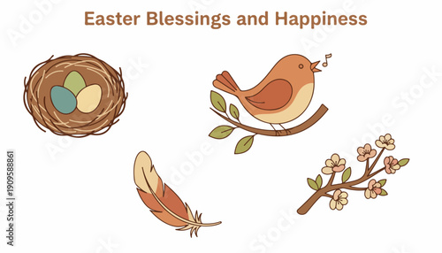Easter blessings and happiness elements set. Bird, nest, eggs and flowers. Flat vector illustration