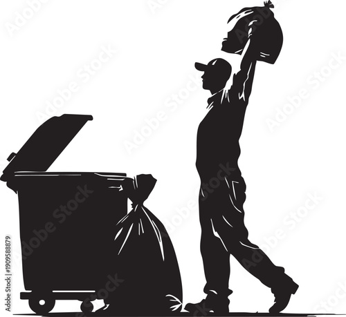 Sanitation Worker Throwing Trash Bag into Waste Container Bin Silhouette for Garbage Collection and Cleaning Services