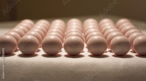 An array of spherical objects arranged in rows on a soft fabric surface,
