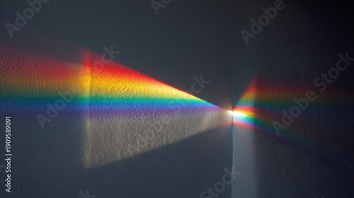 A vibrant rainbow spectrum projects onto a white wall, displaying distinct bands of red, orange, yellow, green, blue,