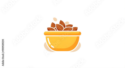 A simple and appetizing illustration of a yellow bowl brimming with almonds