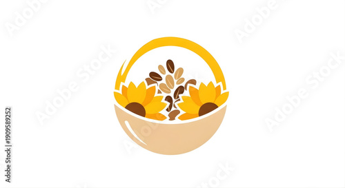 Stylized organic design of a wholesome breakfast bowl filled with vibrant sunflower petals, rich coffee beans, and nutritious seeds, embodying natural energy and morning freshness